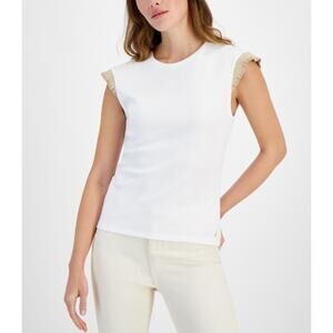Nautica Jeans Women's Metallic-Ruffle Sleeveless Top Bright White Size L